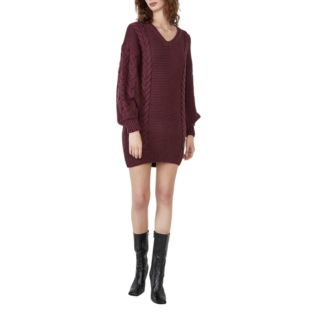 Bardot Revolve Sweater Dress Bell Knit V-Neck Burgundy Warm Pullover Size M